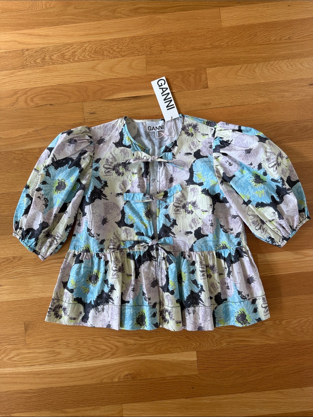 Ganni Blue and Yellow Floral Tie-Front Puff Sleeve Top